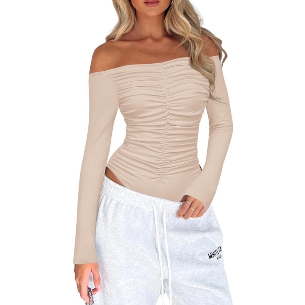 🎉New Off-Shoulder Ruched Long Sleeve Top - Apricot